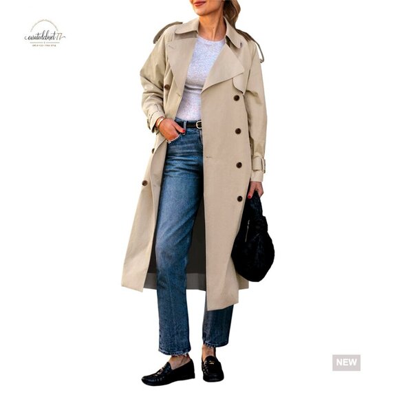 Jackets & Blazers - Long Trench Coat Double Breasted Classic Lapel Overcoat with Belt